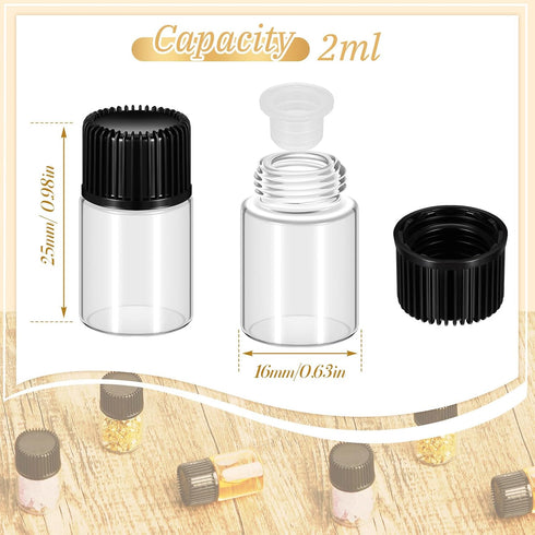 200 2 ml Lallisa Pcs Glass Vials with Screw Black Caps Plastic Stoppers, Leak-proof Clear Small Sample Vials Bulk