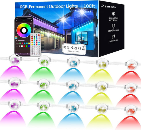 KIKO 100FT Permanent Outdoor Lights,RGB Waterproof Smart LED Eaves Lights with App Remote