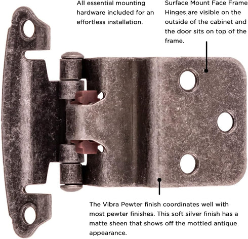 Hickory Hardware P243-VP Variable Overlay 3/8 Inch Inset Surface Mount Face Frame Hinge - Vibra Pewter Finish