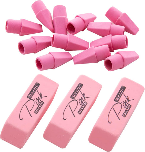 BAZIC Pink Erasers + Pencil Top Erasers Set (15/Pack), Block Erasers, Arrowhead Caps, Latex Free for Art