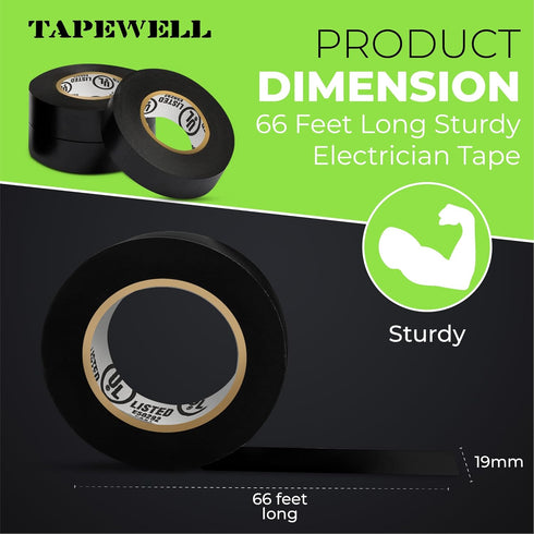 Black Electric Tape 10 Pack - 3/4 inch x 66ft PVC Electrical Insulating Tape, Waterproof, U/L Approved