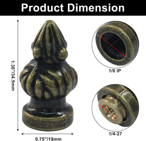 Rierdge 3/8" 1/4-27 2 Pack Antique Brass Lamp Finial Cap Knob - Dual-Thread Screw Design Fits Both and Harp Threads