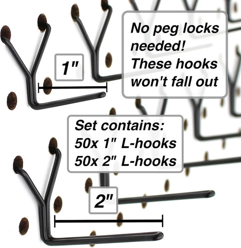 Steel Pegboard Hooks 50-Pack 1" + 2” L Hook, Black - Will Not Fall Out, Fits Any Peg Board - Organize Tools, Accessories, Workbench, Garage Storage, Kitchen, Crafts, Jewelry, Retail by Right Arrange