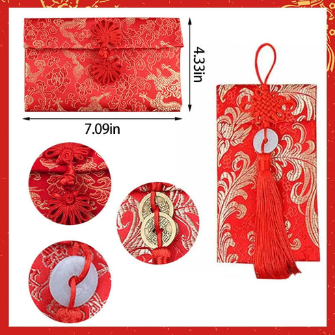 Hying 6 PCS Silk Red Envelope Chinese HongBao Card Envelopes Lucky Money Red Pockets Chinese Red Gift Card Envelopes Gift Wrap Bags with Knot/Copper Coins for 2023 New Year, Spring Festival, Wedding by Hying