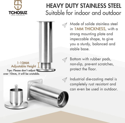 TCHOSUZ 4 Inch 4 Pack 10 cm Heavy Duty Mental Furniture Legs, Stainless Steel Tapered Feet - Replacement Legs
