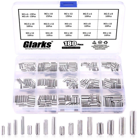 180Pcs M2 M2.5 M3 M4 Slotted Spring Pin Assortment Kit - 304 Stainless Steel Split Spring Dowel Tension Roll Pins