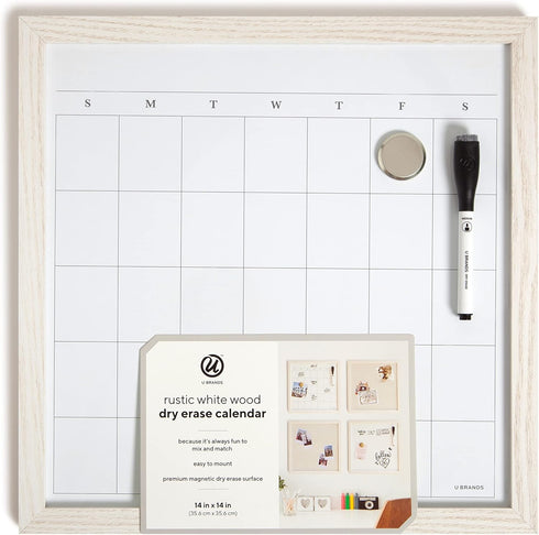 U Brands Rustic Dry Erase Calendar with White Wooden Frame, 14” x 14”