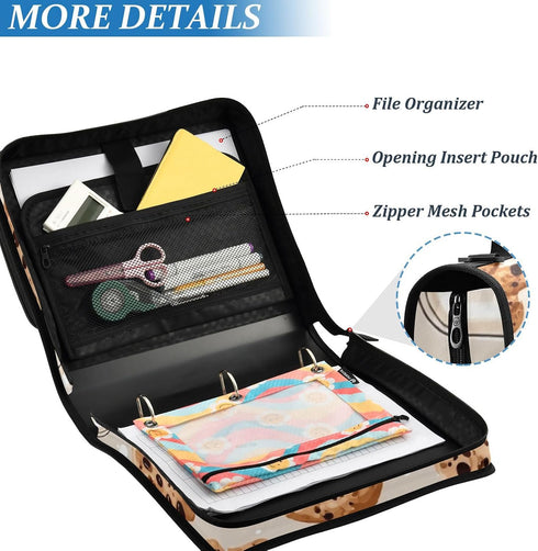Krafig 3 Cookies Milk Pattern Cute Zipper Binder Bag Ring with Handle Shoulder Strap, Binder File Organizer Bag Storage