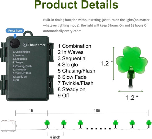 WATERGLIDE St. Patricks Day Shamrocks Lights, 50 LED Outdoor Decorative String Lights, Battery Operated