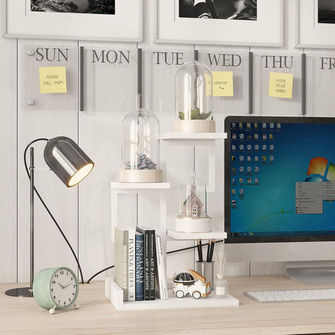 YMYNY Desktop Shelf Organizer, 4 Tier Storage Display Rack, Small Bookshelf with Metal Frame, White