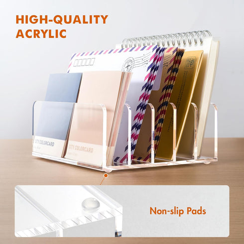 BEYGORM Acrylic Mail Holder, Clear Desk Organizer with Divider, Vertical Letter Sorter for Desktop, 5 Compartments
