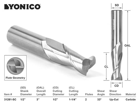 YONICO Upcut Router Bits Spiral 2 Flute Solid Carbide CNC End Mill, 1/2-Inch Dia., 1/2-Inch Shank 31261-SC