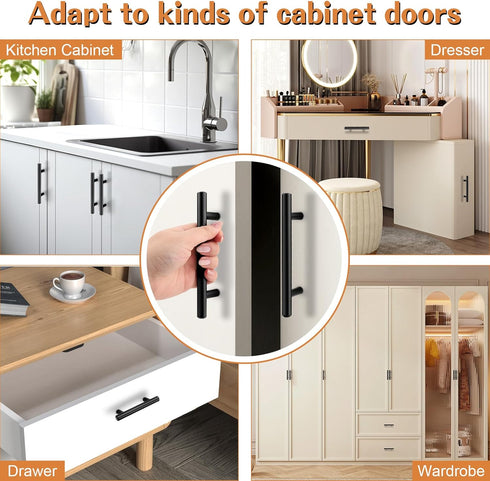 5 Pack|5 Inch Closet Probrico Hole Centers Solid Cabinet Pulls Stainless Steel Round T Bar Cabinet Handles Black Drawer