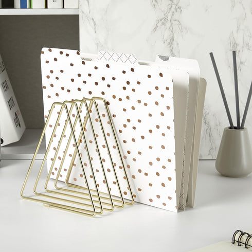 Y YOMA Gold File Folder Racks, Triangle Magazine Holder Metal Organizer for Desk, 7 Compartments