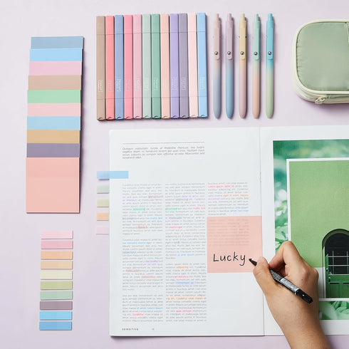 Jutom 29 Pcs Book Annotation Kit Aesthetic Highlighters Gel Pens Set Sticky Notes Tabs Markers Dual Ended Highlighter Quick Dry Ink Pens for Office School Annotating Books(Delicate Color, Square)