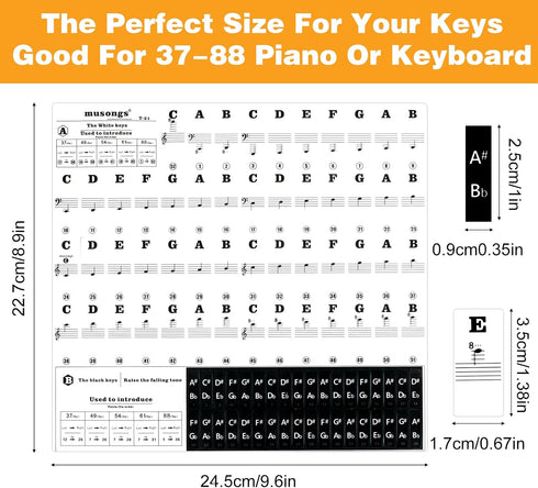 PEOVLVN 88/76/61/54/49 Piano Keyboard Stickers, Transparent Removable Piano Key Labels Stickers Notes Guide for Keys