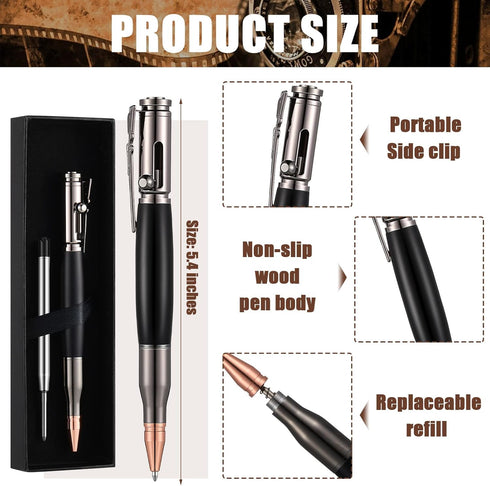 Chinco 2 Pieces Bolt Action Pen - Wood Ballpoint Solid Brass Bullet Shaped Metal Pen with 2 Refills and Present Boxes