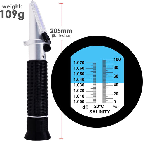 Dual Scale Salinity Refractometer ATC 0-100ppt (0-10%) & 1.000-1.070 Specific Gravity, Portable Meter Tester