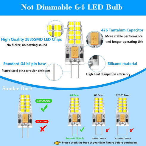 6 Pack G4 Bulb 12V 2.5W 30W T3 6000K G4 Bulbs 300 360Beam LED AC/DC Equivalent Bi-Pin Base Cool Daylight White Light