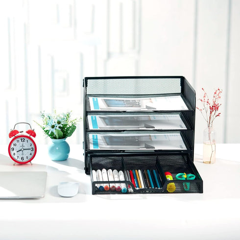 SETTFRFE 4-Tier Mesh Paper Letter Tray, Desk Organizer with Sliding Drawer, Black Office Supplies for Home Office