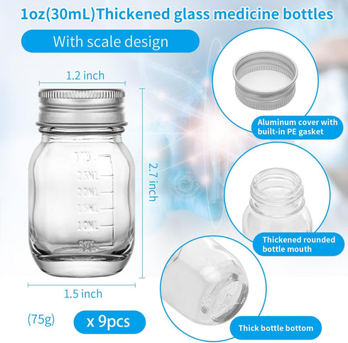 eispap 9Pcs 1oz 30 ml (9) Glass medicine bottles Glass Reagent Bottles Transparent Sample Jar,Wide Mouth,Screw Cap