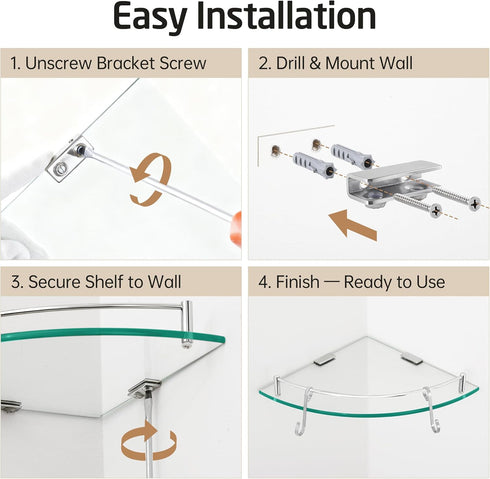 304 BGS2101A KES Glass Corner Shelf Bathroom Shelf Tempered Glass with Rail SUS Stainless Steel Floating Wall Mount