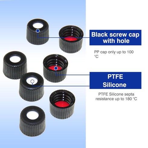 HPLC LC 8-425 Screw Thread Vial Caps, 8 mm, PTFE/Silicone Septa, Black, Polypropylene, 100 pcs/pk