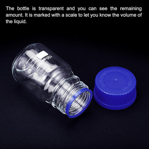 PATIKIL 100mL Reagent Media Bottle, 4Pcs Round Graduated Glass Storage Bottle with Blue Screw Cap for Chemistry Lab