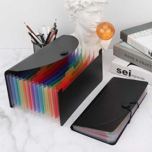 Uquelic 2Pack Desk Stand Receipt Folder, 13 Pockets Expanding Coupons Storage with Label, 10 x 5 inch (Black & Clear)