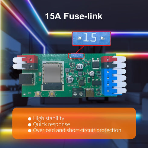 ESP32 4 15A WS2811 WS2812 WS2815 SK6812 WLED LED Strip Light Controller Channel Output Fuse Link Level Shifter UART