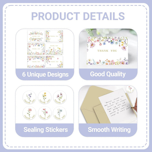 KOPOOEOE 48 Sets Wildflower Thank You Cards with Kraft Envelopes Sticker Watercolor Floral Blank Greeting Cards