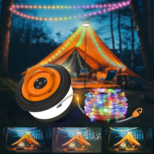 3 1 19 30s 32.8 TOHETO Camping String Lights, in Upgraded Retractable RGB Outdoor String Lights with Lighting