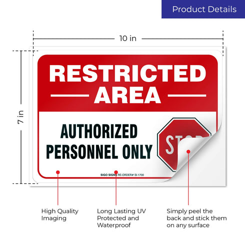 Restricted Area Authorized Personnel Only Stop Sign, 10x7 Inches, 4 Mil Vinyl Decal Stickers, 2 Pack, Made in USA