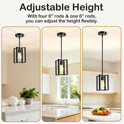 1-Light Pendant Light, Adjustable Height Farmhouse Pendant Light Fixtures, Black Hanging Light Fixture for Flat&Sloped