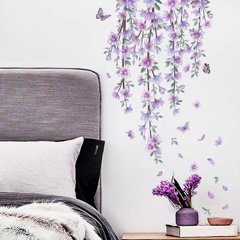 Finpletai Hanging Purple Flower Wall Stickers Vine Floral Wall Decals for Girls Kids Bedroom Nursery Living Room TV