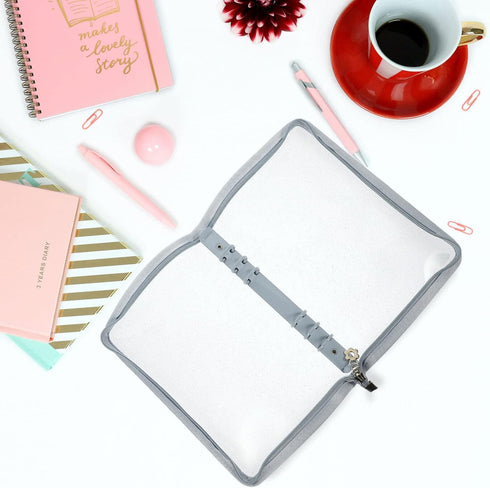 STOBOK A6 Binder Cover, 6-Ring Clear Transparent PVC Notebook Folder with Zipper Closure, Loose Leaf Protector