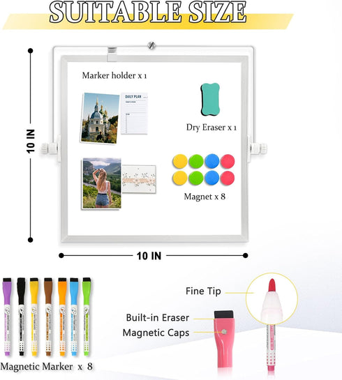 Dry Erase Magnetic White Board, 10" x 10" Double-Sided Desktop Whiteboard with Stand, Portable Small Set for Drawing,