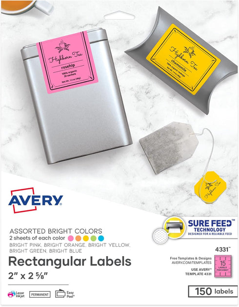 Avery 2" x 2-5/8" Labels, Assorted Bright Colors, Laser/Inkjet, 150 Labels with Sure Feed (4331)