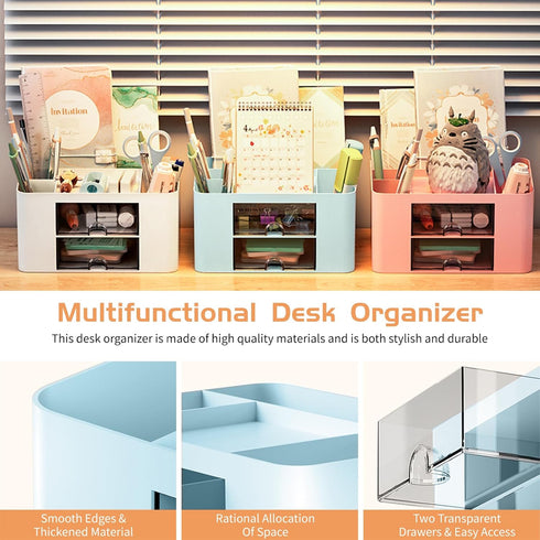 Pencil Pen Holder for Desk, 2 Drawer Organizer with 5 Compartments for Office Supplies