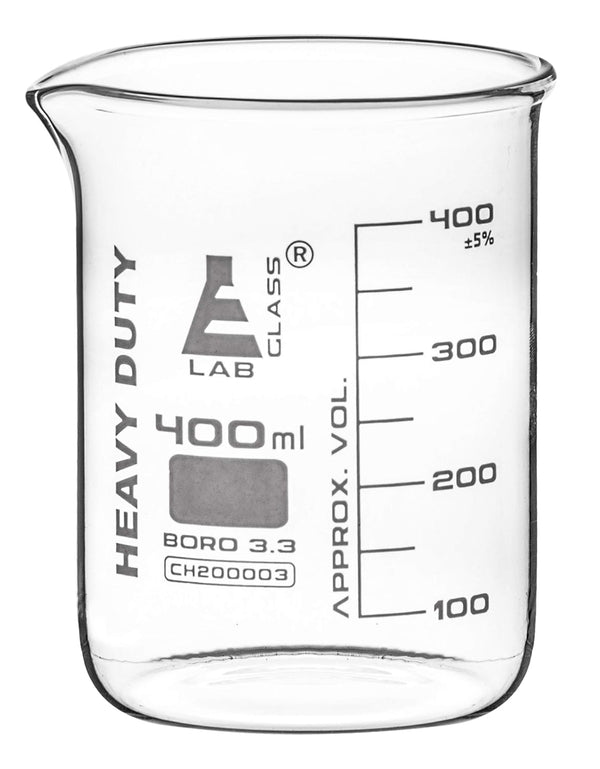 EISCO Heavy Duty Beaker, 400ml, 5mm Thick, Borosilicate 3.3 Glass with White Graduations