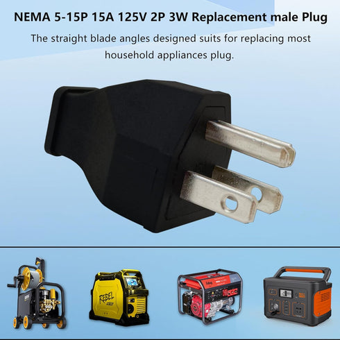 3 Prong NEMA 5-15P Power Adapter Replacement Plug, 3-Pin 15A 125V Male Rewirable Plug (2 Pcs, Black)