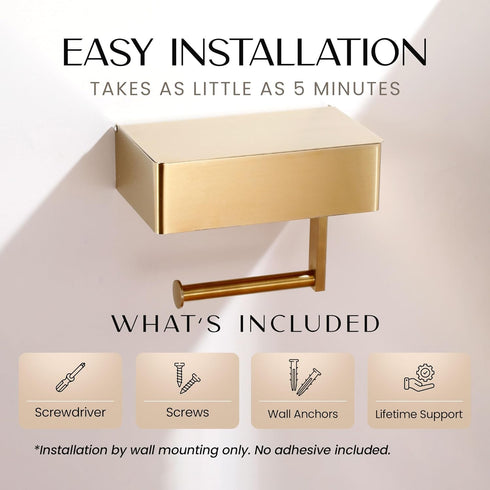 1 Pack Day Moon - Toilet Paper Holder with Shelf - Modern Roll Holder for Bathroom - - Wall Mount - with Storage, Gold