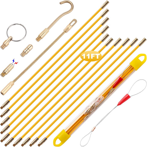 11' Fiberglass Running Electrical Wire Cable Pulling Fish Tape Kit with 5 Attachments in Carrying Case