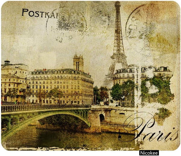 Vintage Postcard Paris Eiffel Tower Art Print Gaming Mouse Pad, Non-Slip Rubber for Computers, 9.5 x 7.9 Inch