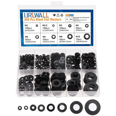 500Pcs Nylon Flat Washer Assortment Set, 8 Sizes - M2, M2.5, M3, M4, M5, M6, M8, M10 (Black)