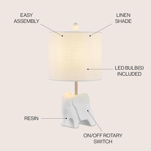 17.5" Bulb (JYL1143D) JONATHAN Y White Elephant Kids Table Lamp, Whimsical Resin Bedside Lamp with White Linen Drum