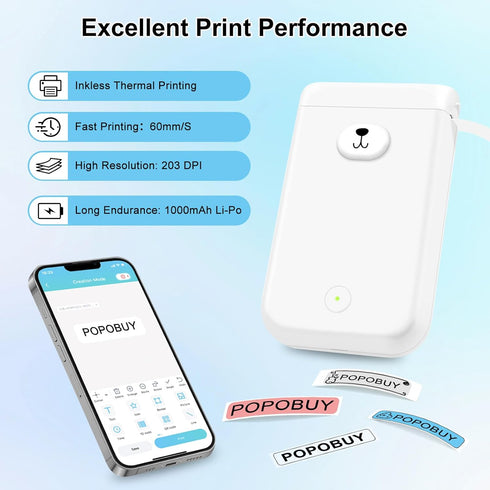 Bear Label Maker Machine with Tape - Cute Portable Bluetooth Mini Label Printer for Home Office, 3 Rolls
