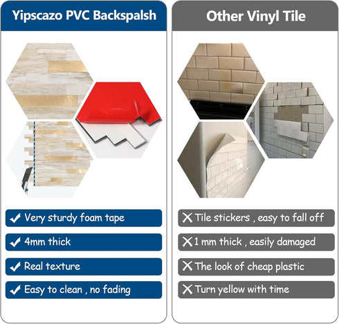 Yipscazo 10 Sheets Peel and Stick Stone Metal Tile Backsplash, 12'' X 12'', Beige Stone with Gold for Kitchen, Bathroom