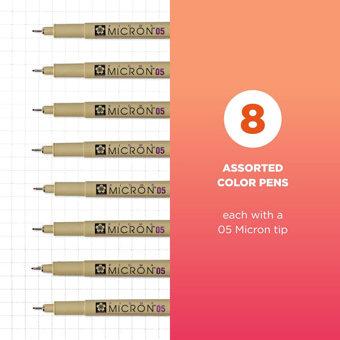SAKURA Pigma Micron Fineliner Pens - 8 Pack, Archival Black, Colored Ink for Writing, Drawing, Crafters & DIY Projects,