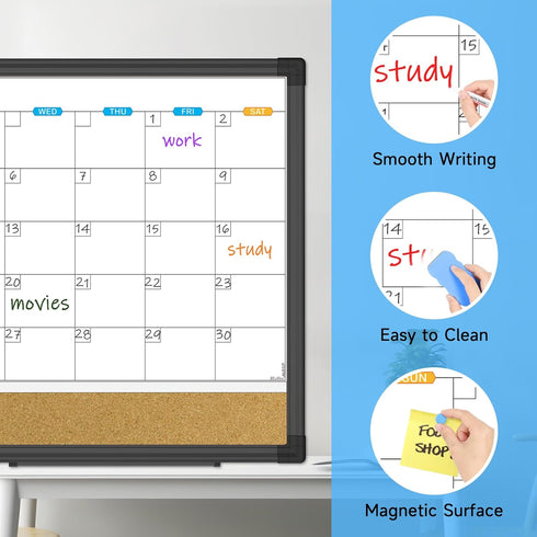 JILoffice Magnetic Calendar Whiteboard & Bulletin Corkboard Combo, 17 x 13 Inch, Black Aluminum Frame